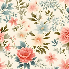 Pink & Blue Flowers on Cream - medium