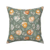 Fun Cute Happy Snails and Foliage in Green and Warm Neutrals Orange and Yellow (Medium)
