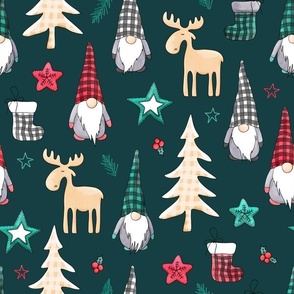 Christmas gnome fabric, boho christmas dark green