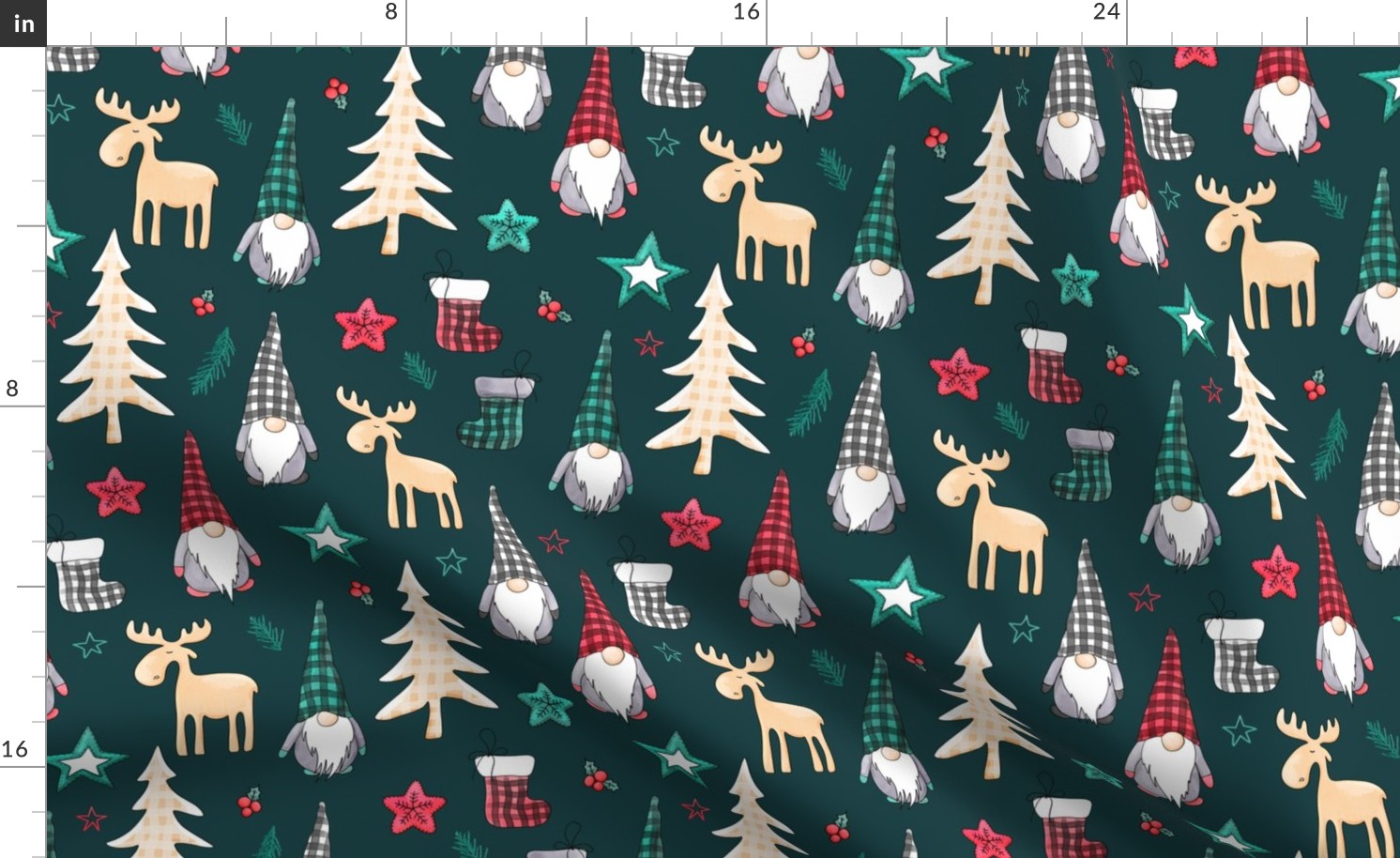 Christmas gnome fabric, boho christmas dark green