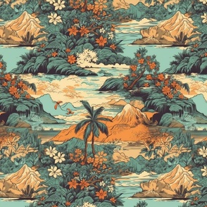 Small Vintage Hawaiian Landscape in Teal and Orange