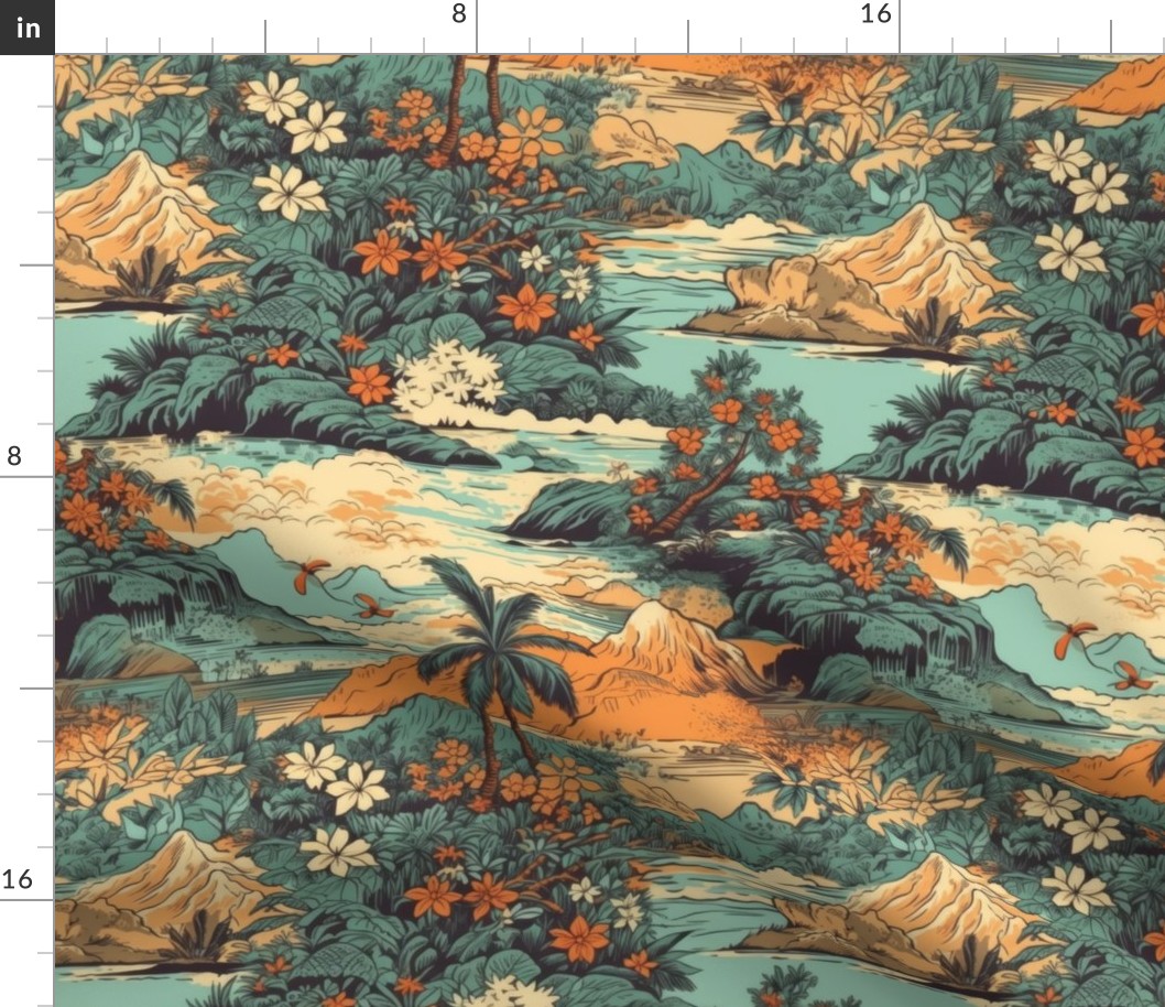 Small Vintage Hawaiian Landscape in Teal and Orange