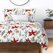 teal and red summery floral on white - large scale