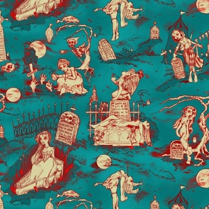 Gothic Graveyard Toile in Teal and Red -- Bluebeard Teal Blue and Rogue's Red Gothic Halloween Toile - Victorian Teal and Red Coordinate -- 18.77in x 15.03in repeat -- 250dpi (60% of Full Scale)