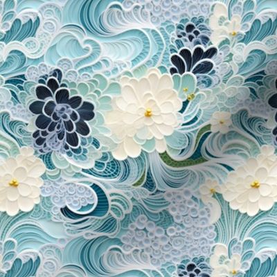 Embroidered Floral Ocean Waves