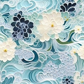 Embroidered Floral Ocean Waves