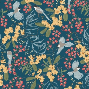 Magpie Blooms Floral 24x24 dark blue coral - honey yellow - green - coral pink