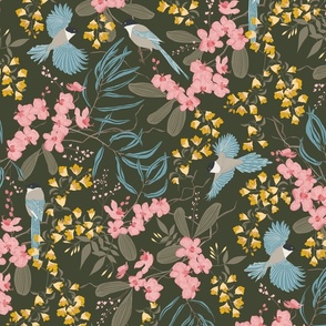 Magpie Blooms Floral 24x24 deep rifle green - blossom pink - yellow