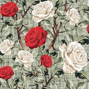 English Country Rose Floral Chintz Flower Blooms, Summer Roses in White and Red, Tranquil Vintage Botanical Garden Pattern on Rustic Weave Green Linen Texture