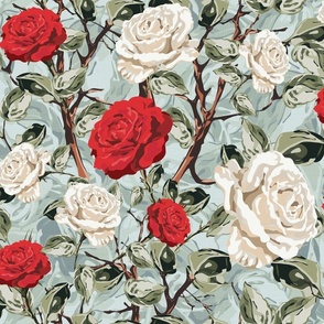 English Redoute Style Rose Floral Chintz Flower Blooms, Summer Roses in White and Red, Tranquil Vintage Botanical Garden Pattern on Rustic Weave Green Linen Texture
