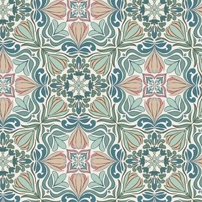 Floral Block Print Tile - Malachite Green and Mineral Blue