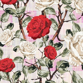 English Rose Floral Chintz Flower Blooms, Summer Roses in White and Red, Tranquil Vintage Botanical Garden Pattern on Rustic Weave Pink Linen Texture