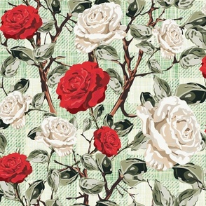 English Farmhouse Kitchen Rose Floral Chintz Flower Blooms, Summer Roses in White and Red, Tranquil Vintage Botanical Garden Pattern on Rustic Weave Green Linen Texture