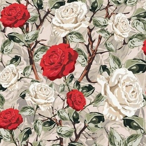 Traditional English Rose Cottage Floral Chintz Flower Blooms, Summer Roses in White and Red, Tranquil Vintage Botanical Garden Pattern on Rustic Weave Linen Texture