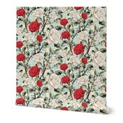 English Climbing Rose Floral Chintz Flower Blooms, Summer Roses in White and Red, Tranquil Vintage Botanical Garden Pattern on Rustic Weave Green Yellow Linen Texture