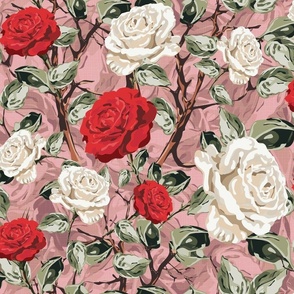 English Botanical Rose Floral Chintz Flower Blooms, Summer Roses in White and Red, Tranquil Vintage Botanical Garden Pattern on Rustic Weave Pink Linen Texture