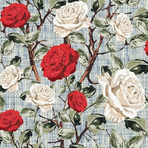 English Rose Floral Chintz Flower Blooms, Summer Roses in White and Red, Tranquil Vintage Botanical Garden Pattern on Rustic Weave Blue Linen Texture