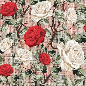 Traditional Farmhouse English Rose Floral Chintz Flower Blooms, Summer Roses in White and Red, Tranquil Vintage Botanical Garden Pattern on Rustic Weave Green Red Linen Texture