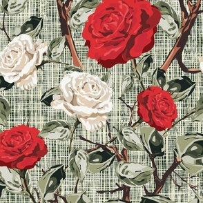 English Rose Floral Chintz Flower Blooms, Summer Roses in White and Red, Tranquil Vintage Botanical Garden Pattern on Rustic Weave Green Linen Texture