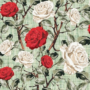 Farmhouse Cottage Floral Chintz Flower Blooms, Summer Roses in White and Red, Tranquil Vintage Botanical Garden Pattern on Rustic Weave Green Linen Texture
