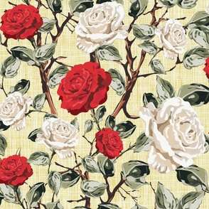 Summer Cottage Floral Chintz Flower Blooms, Summer Roses in White and Red, Tranquil Vintage Botanical Garden Pattern on Rustic Weave Yellow Linen Texture
