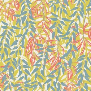 Woodland Eucalyptus Leaves Botanical 24X12 citron green - blue - coral pink