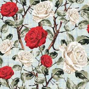 Big Floral Chintz Flower Blooms, Summer Roses in White and Red, Tranquil Vintage Botanical Garden Pattern on Rustic Weave Linen Texture
