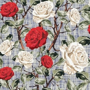 Cottage Floral Chintz Flower Blooms, Summer Roses in White and Red, Tranquil Vintage Botanical Garden Pattern on Rustic Weave Linen Texture