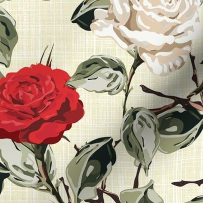 Farmhouse Floral Chintz Flower Blooms, Summer Roses in White and Red, Tranquil Vintage Botanical Garden Pattern on Linen Texture
