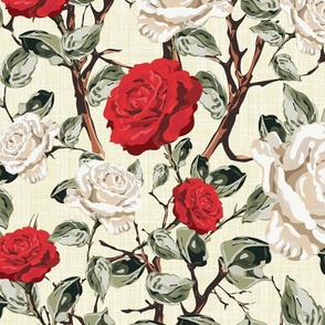 Farmhouse Floral Chintz Flower Blooms, Summer Roses in White and Red, Tranquil Vintage Botanical Garden Pattern on Linen Texture