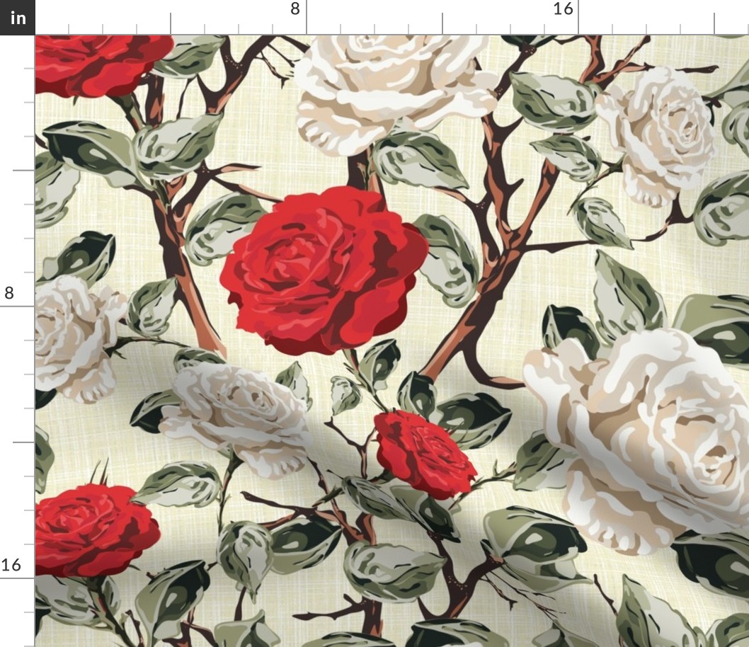 Farmhouse Floral Chintz Flower Blooms, Summer Roses in White and Red, Tranquil Vintage Botanical Garden Pattern on Linen Texture