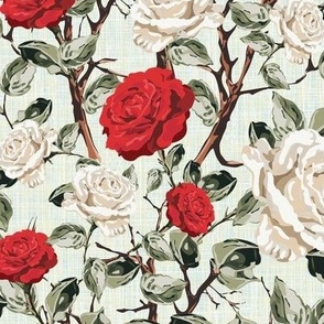 Mint Green Floral Chintz Flower Blooms, Summer Roses in White and Red, Tranquil Vintage Botanical Garden Pattern on Linen Texture