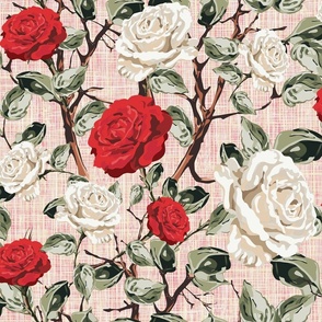 Green Floral Chintz Flower Blooms, Summer Roses in White and Red, Tranquil Vintage Botanical Garden Pattern on Sage Pink Linen Texture