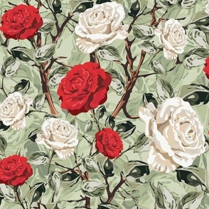 Green Floral Chintz Flower Blooms, Summer Roses in White and Red, Tranquil Vintage Botanical Garden Pattern on Sage Green Linen Texture