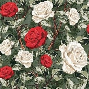 Dark Green Floral Chintz Flower Blooms, Summer Roses in White and Red, Tranquil Vintage Botanical Garden Pattern on linen texture