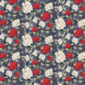 Rich Floral Chintz Flower Blooms, Summer Roses in White and Red, Tranquil Vintage Botanical Garden Pattern on Blue