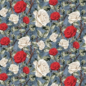 Summer Floral Chintz Rose Blooms, Retro Flowers in White and Red, Elegant Vintage Botanical Garden Pattern on Blue