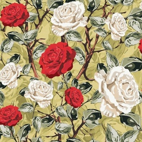 Summer Rose Chintz Flower Blooms, ElegantFloral in White and Red, Vintage Botanical Garden Pattern on Lemon Yellow