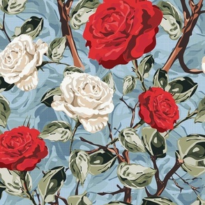 Summer Rose Flower Blooms, Pretty Floral in White and Red Vintage Chintz, Elegant Botanical Garden Pattern on Sky Blue