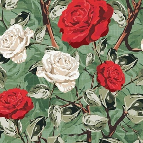 White and Red Rose Flower Blooms, Summer Floral in Vintage Chintz, Elegant Botanical Garden Pattern on Leafy Green
