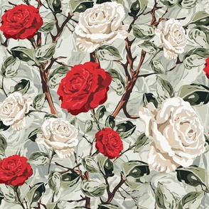 Red and White Rose Flower Blooms, Summer Floral in Vintage Chintz, Elegant Botanical Garden Pattern on Mint Green