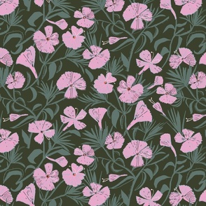  LARGE: Block-Inspired Cottagecore pink Florals and green Foliage on black 