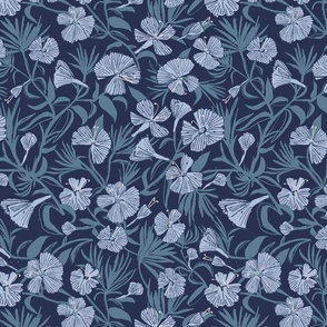 LARGE: Rustic Blooms: Block-Inspired Cottagecore light blue Florals and navy blue Foliage