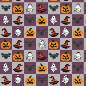 Scary Halloween Icons Checkered Print Featuring Ghosts, Witch Hats, Bats, & Jack-o-Lanterns 