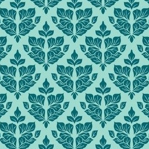 Mini Small Scale Damask Leaves - Teal on Aqua – 4.5 inch Repeat