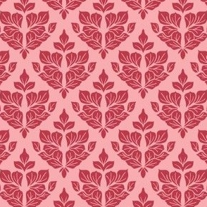 Mini Small Scale Traditional Damask Leaves – Darkest Pink Red on Medium Pink – 4.5 inch Repeat