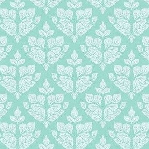 Mini Small Scale Traditional Damask Leaves – Light Pale Aqua on Aqua Green – 4.5 inch Repeat