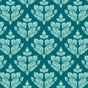 Mini Small Scale Traditional Damask Leaves – Aqua Green on Dark Teal – 4.5 inch Repeat