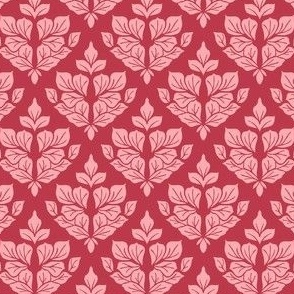 Mini Small Scale Traditional Damask Leaves – Pink on Dark Pink Red – 4.5 inch Repeat