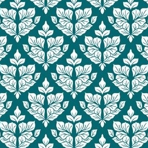 Mini Small Scale Traditional Damask Leaves – White on Dark Teal – 4.5 inch Repeat